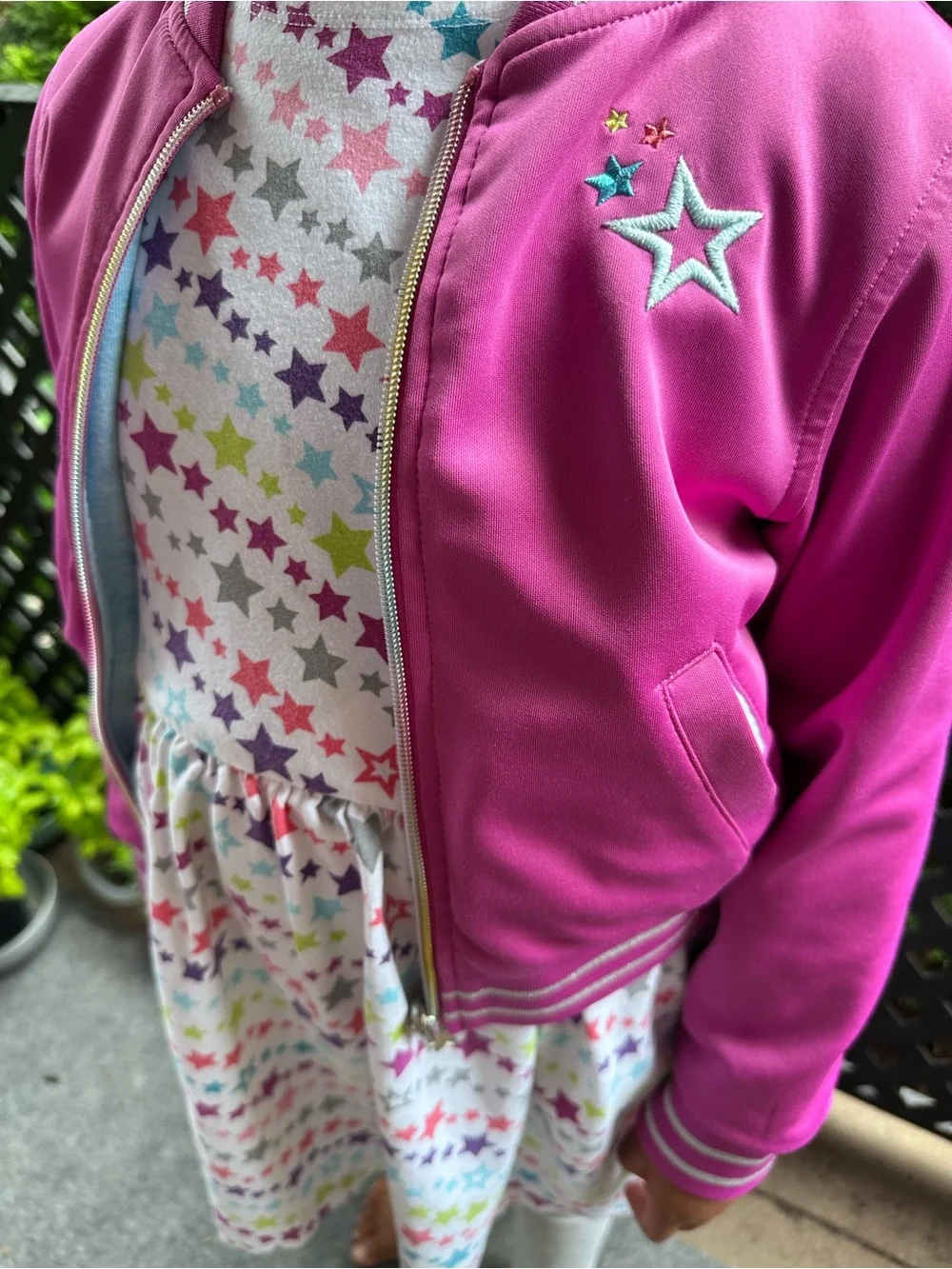 American Girl Star Print Dress AND Hot Pink Satin Bomber Jacket Size Small (7/8)